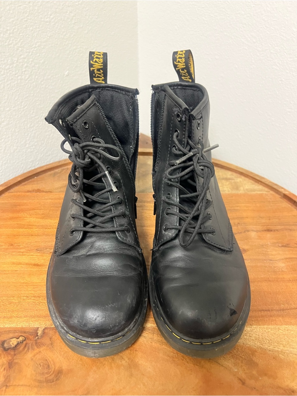 Dr. Martens Black Leather Lace-Up Zip Boots with Yellow Heel Loop